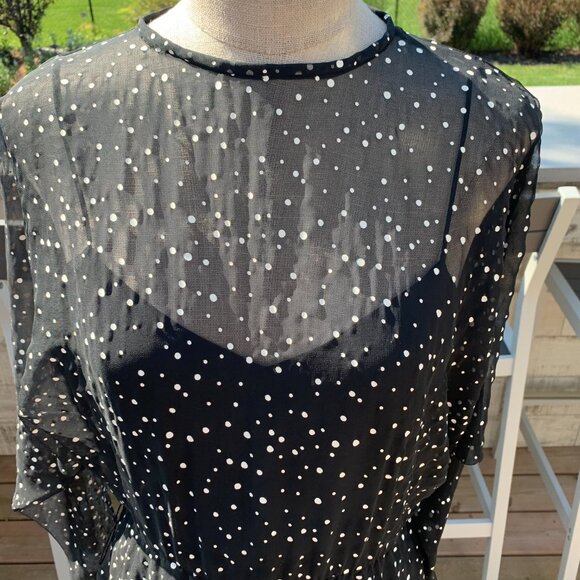 Vintage 80s 90s Sheer Polka Dot Overlay Tiered Ruffle Skirt Dolman Sleeve Dress - Picture 2 of 16